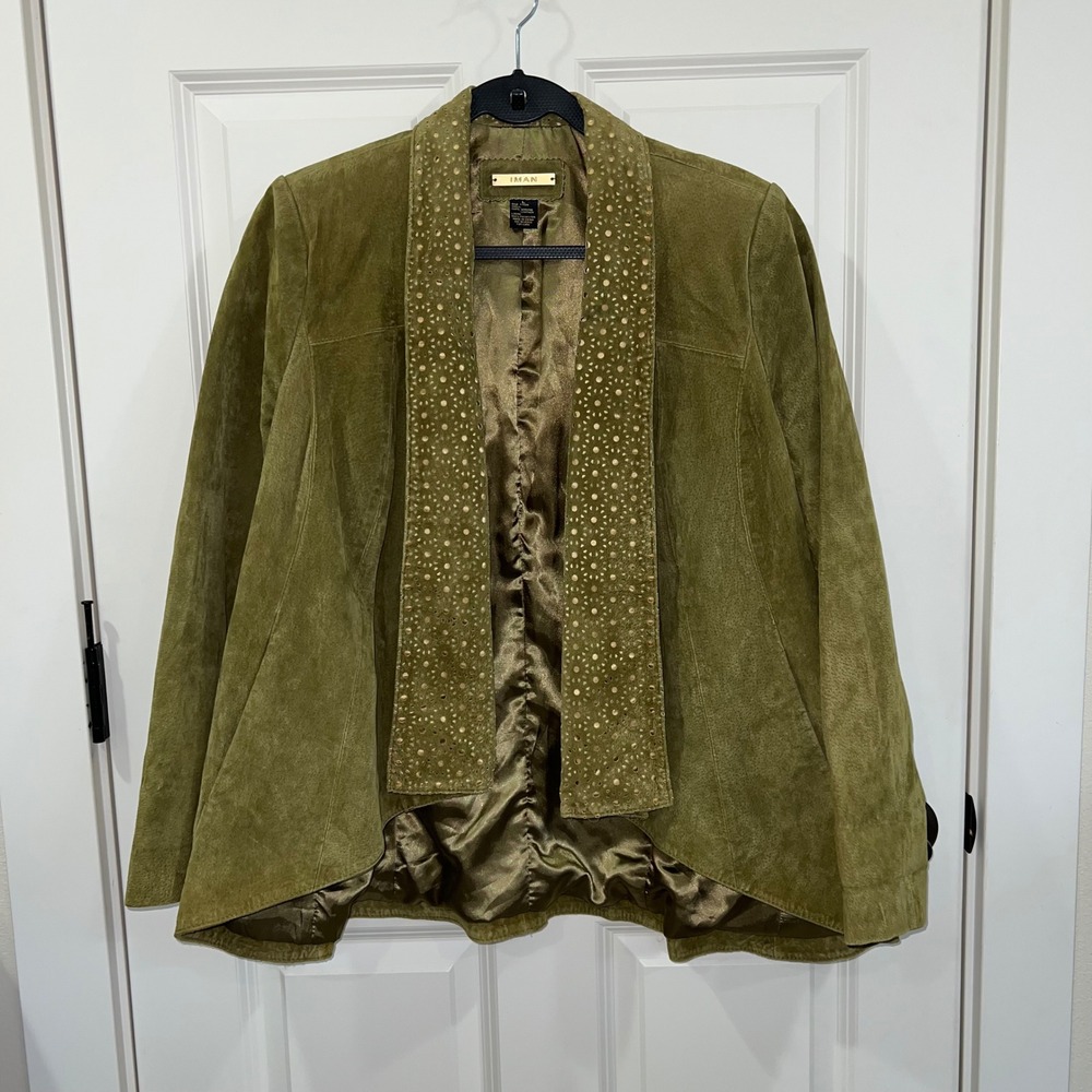 IMAN Olive Green Leather Open Front Laser Cut Lapel Jacket Size Large